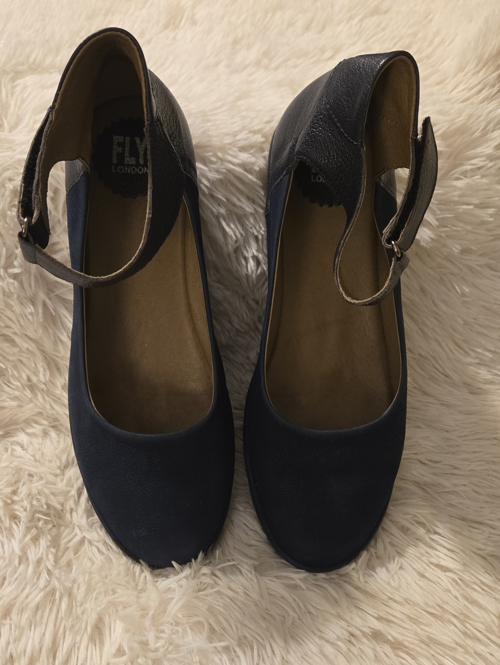 Fly London Navy and Brown Ankle-Strap Heels